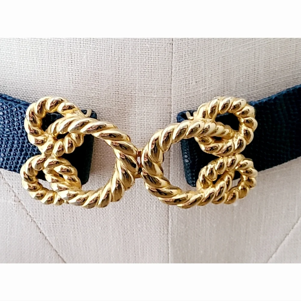 Chic 1990s Blue Lizard Skin Adjustable Belt W Heavy Gold Buckle